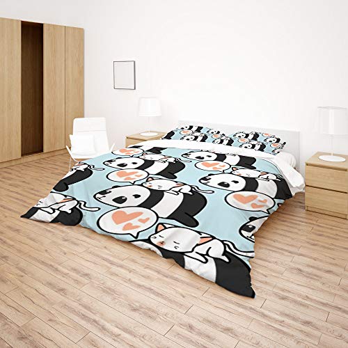 Parure de lit motif panda et chat 3 pièces en polyester King size