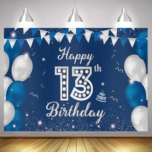 Personalizzabile Felice 13 ° Compleanno Festa Decorazione Banner Blu Argento Sfondo per Ragazzi 13 Anni Sfondo Fotografico