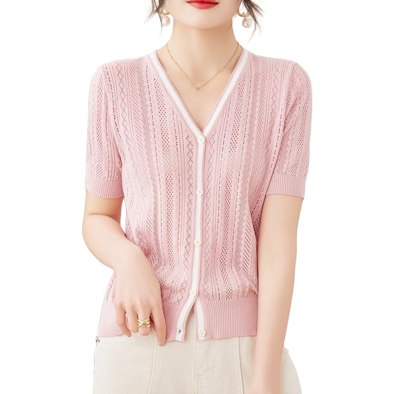Genérico Rebeca Mujer,Elegante Cárdigan Corto De Manga Corta con Botones para Mujer, Chal De Verano, Chaqueta Transpirable con Hombros Descubiertos, Ligera, Vintage, Informal, para Playa, Top Rosa