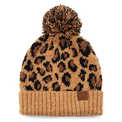 Image of C.C Exclusives Soft Beanie hat with Leopard Pattern and Fur Pom(HAT-7001)(SF-7001)