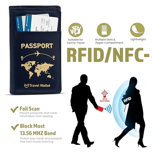 Image of Storite RFID Blocking PU Leather Passport Holder, 23x13.5x3 Cm Blue | Cover Case, Travel Wallet, Document Organiser, Removal Hand Strap, Men & Women