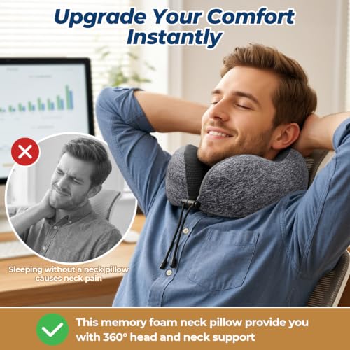 Image of ExploreBliss Travel Pillow, 2 Pack Travel Pillows for Sleeping Airplane, Removable Cover Neck Pillow with Adjustable Clasp, Memory Foam Neck Pillow Set (Dark Grey & Black) | Travel Pillows for Airplanes, Neck Pillow Airplane, Memory Foam Neck Pillow Set with Eye Mask, Earplugs