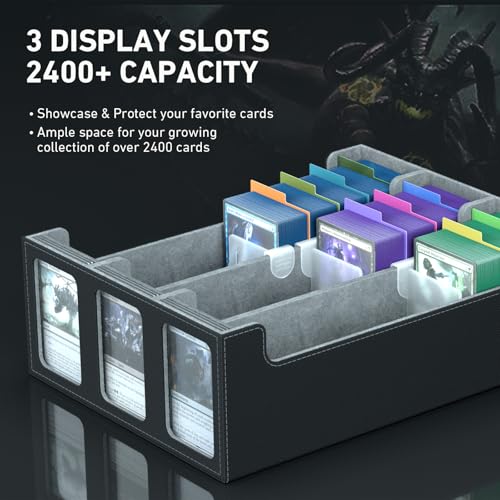 Image of 3-Row Trading Card Storage Box, Bulk Cards Case for 2400+ Mtg tcg Magic Playing Game Card Organizer, Commander Deck Box with 3 Supports & 24 Dividers