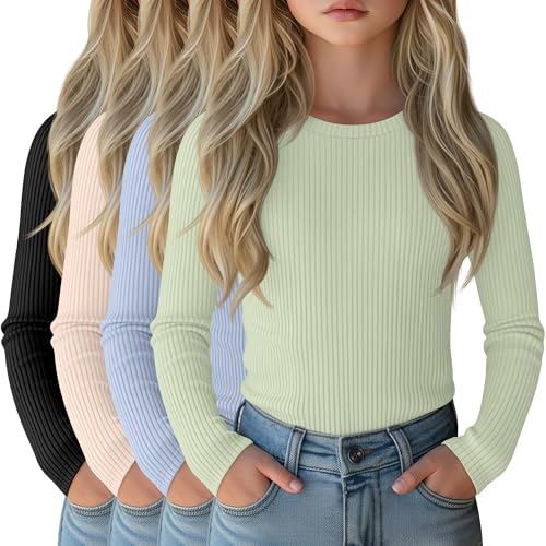 Image of 4 Pack Girls Long Sleeve Shirts Ribbed Knit Cotton Crewneck Tops Slim Fit Soft Casual Kids Base Layer Undershirts