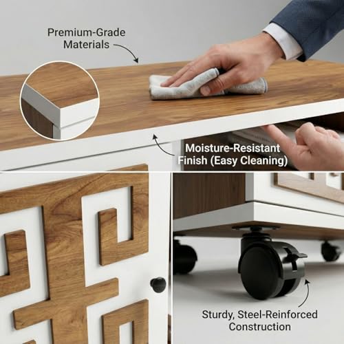 Image of FFO Coffee-Table with Storage | Center Table with Storage & Drawer | 50W X 90L X 45H Coffee Table with Open Shelf, Drawers & Cabinet | Center Table with Wheels |