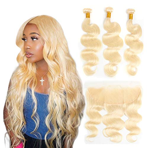 613 Blonde 3 Bundles with Lace Frontal Closure Body Wave Brazilian 613 Frontal Closure 13x4 Ear To Ear with Baby Hair Blonde Bundles with Frontal Queen Plus Hair(16 18 20 with 14inch)
