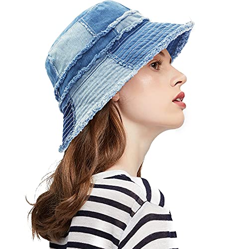 Guangu Ripped Denim Bucket Hats For Women Washed Packable Summer Beach Sun Hats Mens Bucket Hat For Travel(Classic Denim S/M) #TOP1
