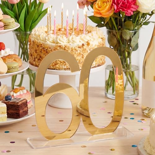 Image of Threehoney 6 Pcs Mirror Gold 60th Birthday Decorations for Men and Women Acrylic Anniversary Decorations Table Numbers Centerpieces for Birthday Party