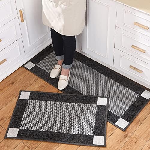 neyamo Kitchen Rugs Washable Sets of 2 pcs Kitchen Rugs and Mats Non Skid Rubber Rugs for Kitchen,Absorbent Kitchen Runner Rugs Kitchen Mats for Floor in Front of Sink (Black, 20"x32"+20"x48")