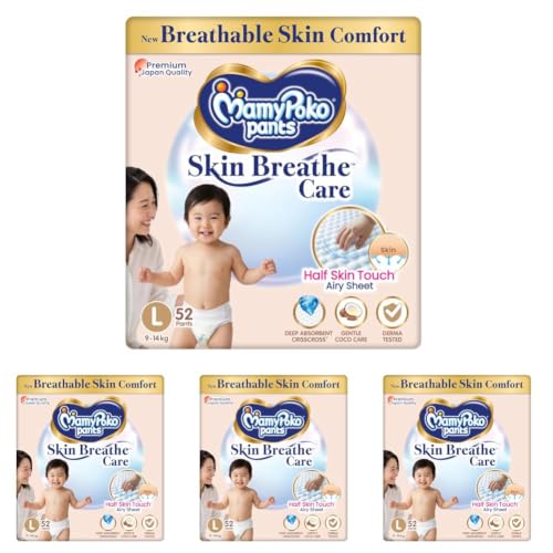 Image of MamyPoko Pants Skin Breathe Care | Baby Diapers Large Size (L) | 52 Count | 9-14Kgs | Half Skin Touch Airy Sheet | 3X Breathable | Derma Tested (Pack of 4)