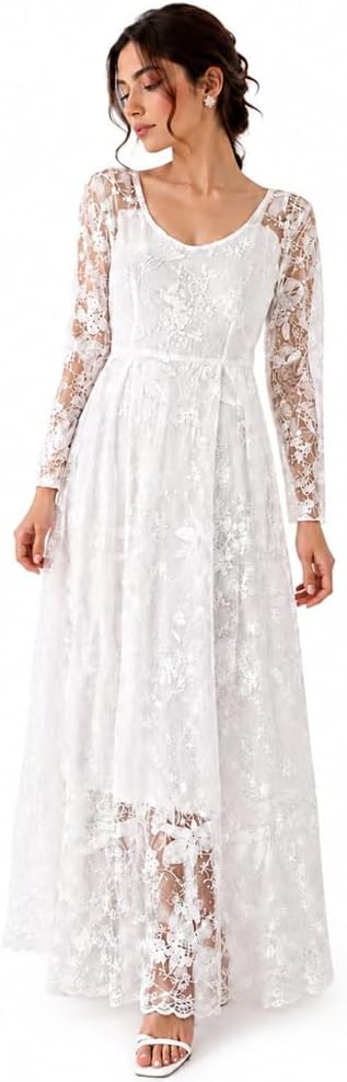 MARGOUN Women's Long Sleeve Lace Maxi Dress - Elegant Floral Applique Sheer Overlay Scoop Neck A-Line Evening Party Gown SC8801