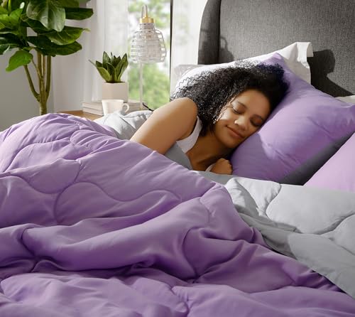 Image of Comfort Spaces Vixie Reversible Comforter Set - Trendy Casual Geometric Quilted Cover, All Season Down Alternative Cozy Bedding, Matching Sham, Lavendar /Gray, Twin /Twin XL 2 piece