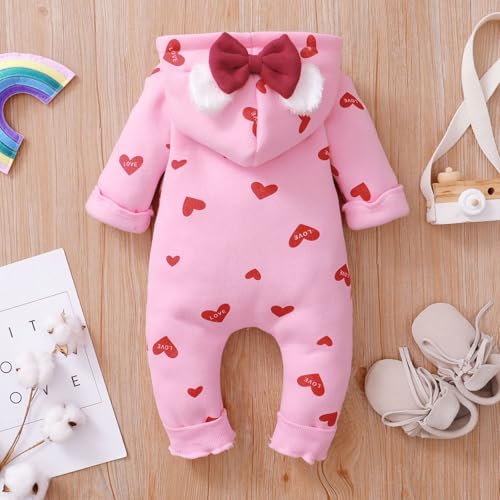 Image of BRANDONN Kids Baby Cotton Fleece Jumpsuit Romper Onesie Sleep Suit Hooded Semi Winter Zipper (Pink & Red, 6-9 Months)