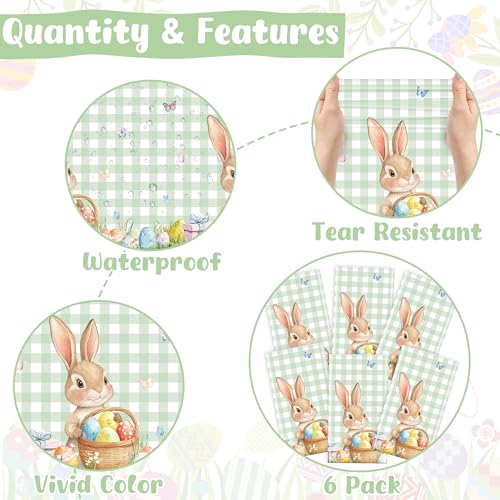 Image of 6 Pack Easter Tablecloth, 54 inch x 108 inch Disposable Easter Decorations Spring Tablecloth, Sage Green Bunny Plaid Easter Table Cloths, Rectangle Plastic Table Cover for Spring Party Decorations Supplies