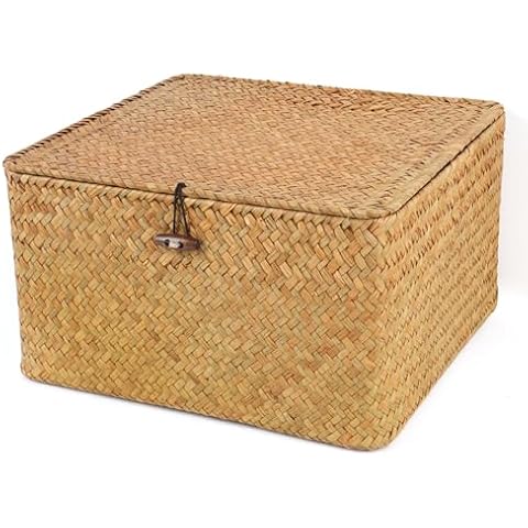 Moosky Wicker Shelf Baskets with Lid, Handwoven Seagrass Storage Basket Bins Square Gift Boxes for Shelves Home Decor Organizer (Natural, Large) Cover