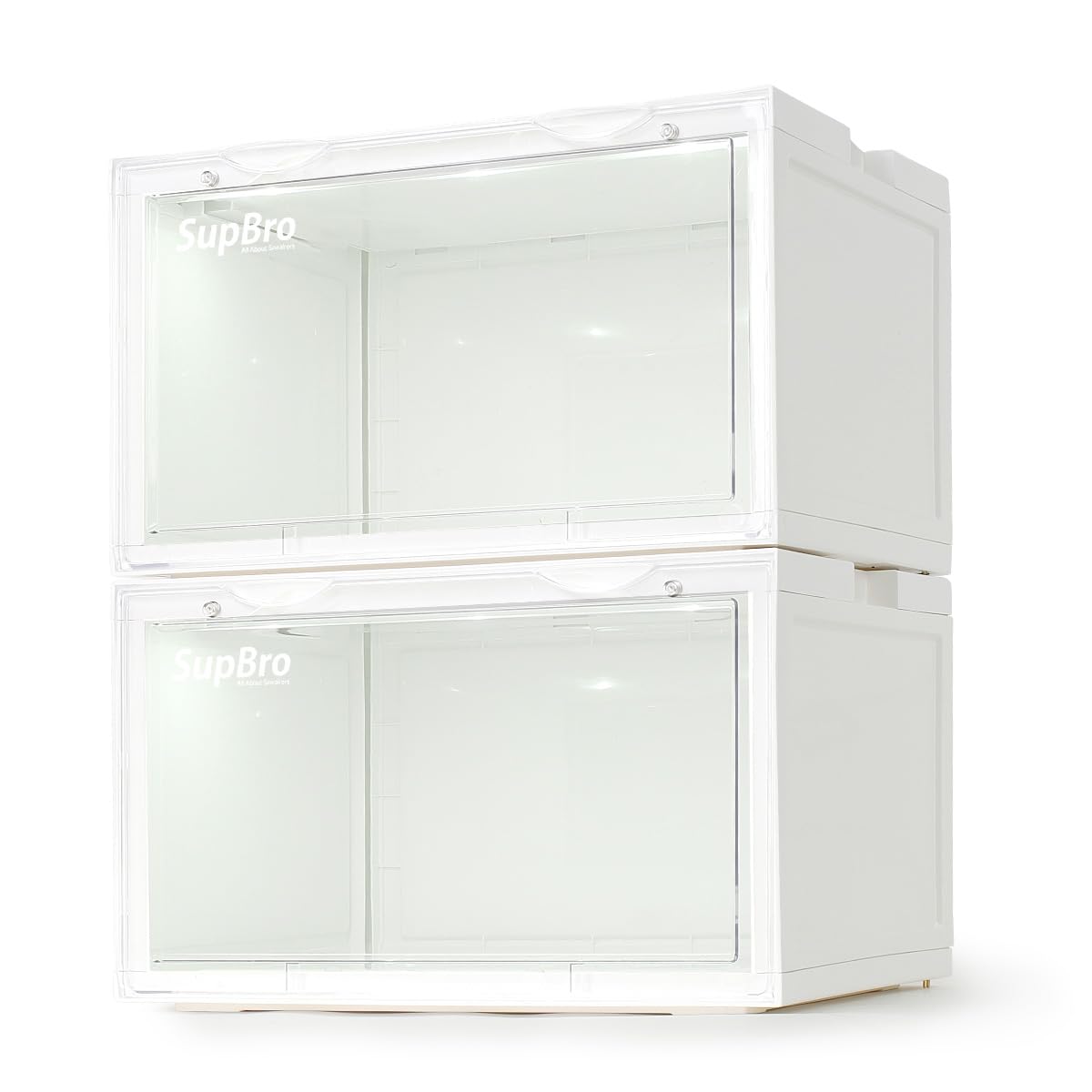 SupBro Led Collection Crate - Voice Control - Easy Access Storage Shoes box, Stackable Shoe Storage with clear plastic door for sneakers - (10.4 x 13.2 x 8.1 inch (2pack), White)
