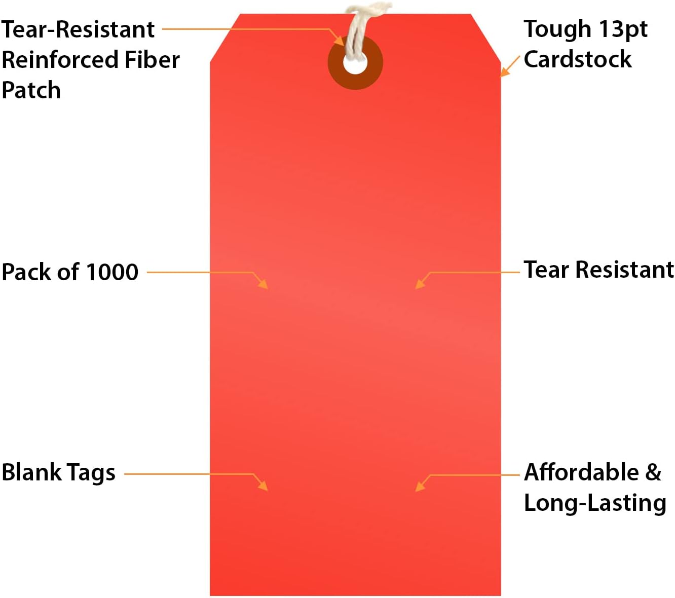 SmartSign Fluorescent Red Blank Tags with Pre-Attached String - Pack of 1000, Size-6, 13pt Thick Cardstock Tag, 5.25" x 2.625" with Reinforced Fiber Patch : Blank Labeling Tags : Office Products