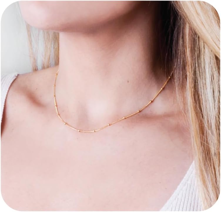 Satellite Bead Necklace - Gold Filled or Sterling Silver, Dainty Adjustable Choker Chain 15" - 17", Minimalist Everyday Stacking Jewelry