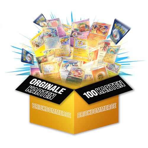 Pokemon Karten Original Paket mit 100 verschiedenen Pokemon Karten deutsch - Pokemon Sammelkarten Set mit Holo Pokémon Karten Plus Ziegelsammler Box kompatibel mit Pokemon Karten Gold original