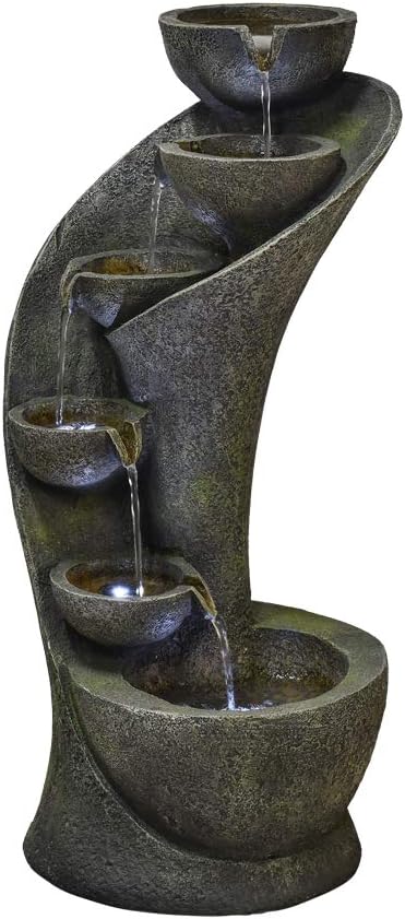 SunJet Outdoor Six Bowls Cascading Fountain with LED Lights, Soothing Tranquility for Garden and Patio Decor