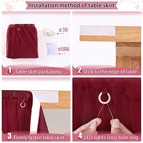 QueenDream FBA-9FT2LayerBurgundy Burgundy Skirt for Rectangle 9FT Table Skirting Tüll-Tischrock für rechteckige Tische, 2,7 m, Polyester und Nylon, Burgunderrot + LED-Licht