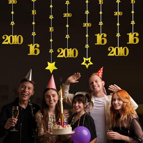 Image of Eucutur Gold Sweet 16 Party Decorations for Boys Girls, Pre-Strung Glitter Twinkle Number 16 Years Old Vintage 2010 Hanging Streamer Banner Party Supplies, Gold Happy 16th Birthday Gift Decor