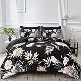 Floral Comforter Set 7 Pieces Bed in a Bag King Size, Flower and Birds Printed on Black Bedding Set