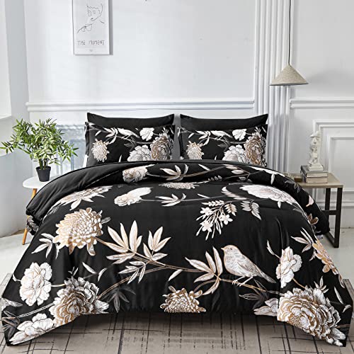 Floral Comforter Set 7 Pieces Bed In A Bag King Size, Flower And Birds Printed On Black Bedding Set Botanical Pattern Comforter And Sheet Set,Soft Microfiber Complete Bedding For All Season #TOP13