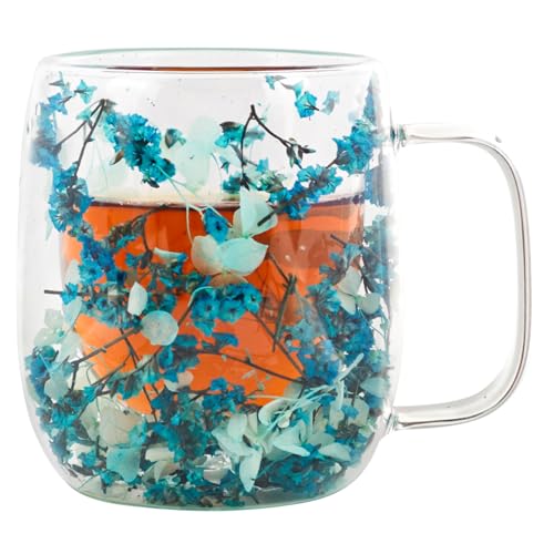 Real Flower Glass Tea Cup, Double Wall Borosilicate Coffee Mug with Preserved Flowers, Clear Aesthetic Floral Glassware, Romantic Gift for Women, Mom, Girlfriend, Mother’s Day & Women’s Day