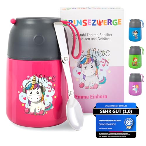 GRINSEZWERGE Kinder Thermobecher 500ml für Speisen und Getränke | Edelstahl Thermobehälter für Essen | Warmhaltebehälter Babybrei | Müslibecher | Thermo Lunchbox Einhorn