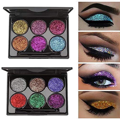 LSxia 2 Pack Glitter Eyeshadow Makeup Palette Set, 6 Color/ Pack Party Shimmer Diamond Eyeshadow Highly Pigmented Blendable Long Lasting Waterproof Eye Shadow Gift for Women Girls (01#+02#)