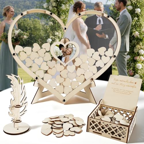ARTREE Gästebuch Hochzeit Holz Herzform Hochzeitsgästebuch mit 100 Holzherzen Fotorahmen & Aufbewahrungsbox Hochzeitsdeko Gästebuch Alternative für Hochzeit Geburtstag & Jahrestag