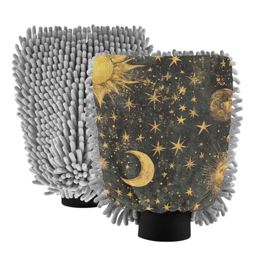ALAZA Alchemy Moon Star Sun Car Wash Mitt Scratch Free, 2 Pack Absorbent Microfiber/Chenille Washing & Drying Mitts, L