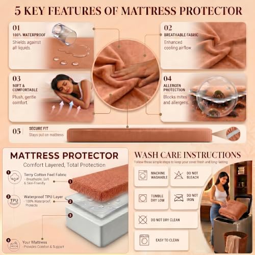 Image of Lithara Terry Cotton Fitted Mattress Protector for King Size Bed | Waterproof & Elastic Band | Ultra Soft & Hypoallergenic Mattress Cover | Size : 72 x 75 Inches (6 x 6.25 Feet) | (Gold)