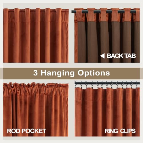 Image of Rust Colored Terracotta Boho Plush Velvet Curtains 108 Inches Long 2 Panels for Living Room Darkening Back Tab Pocket Thermal Insulated Elegant Blackout Curtains Ceiling to Floor Length for Patio Door