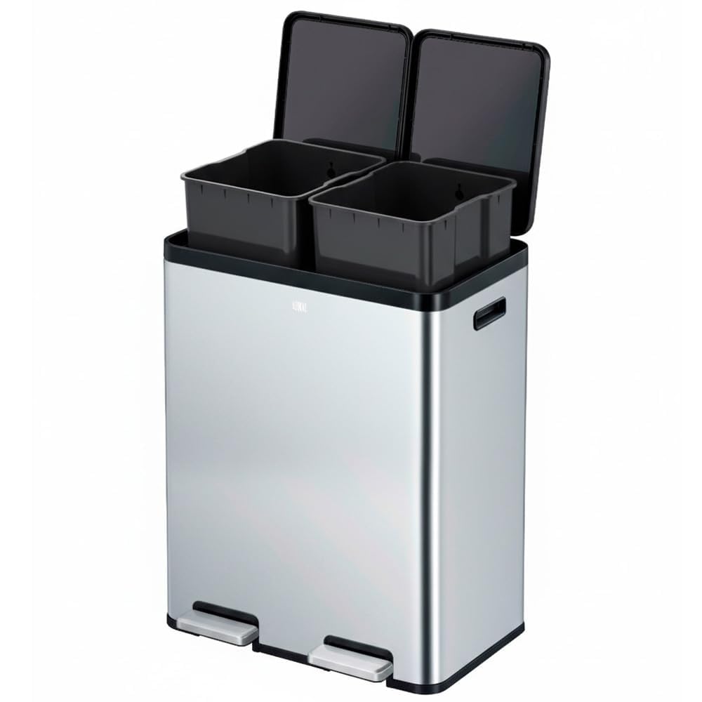 EKO Pattumiera Differenziata 2 Scomparti 30L + 30L con Doppio Pedale | Acciaio Inox Antimpronta | Coperchi Eleganti | Sottolavello Double