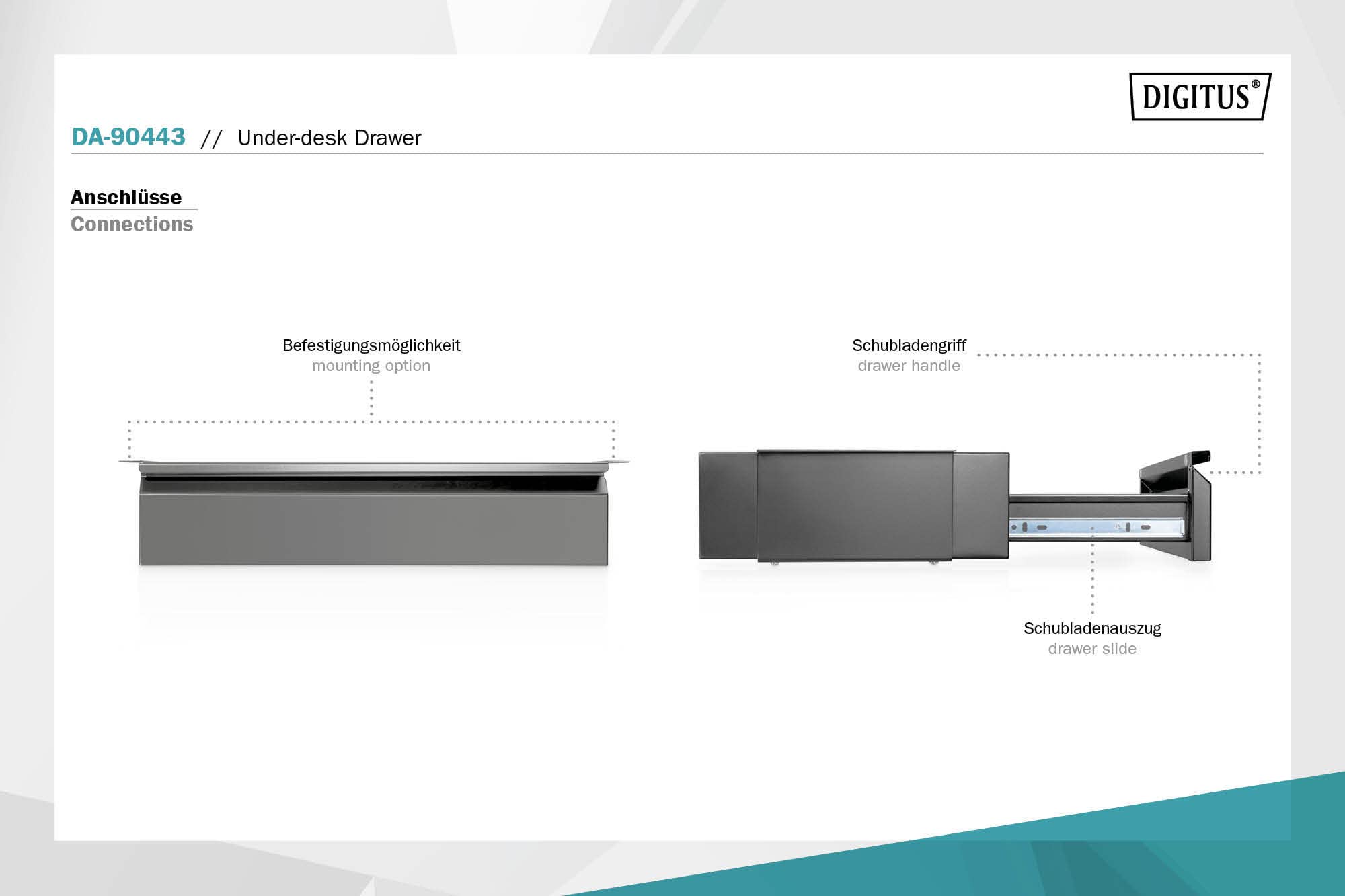 DIGITUS Unterbau-Schublade – Ausziehbar – Leichtgängig – 48 cm tief – 5 kg Traglast – Zur Montage unter Schreibtisch, Werkbank oder Arbeitsplatte – Schwarz