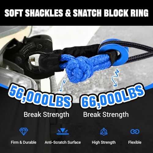 Image of BARTOO Winch Snatch 66000 LB Recovery Ring with 2 PCS Soft Shackle 1 /2 inch X 22 Inch Winch Rope, for ATV UTV SUV Truck Off-Road Vehicle Recovery Accessories, Blue