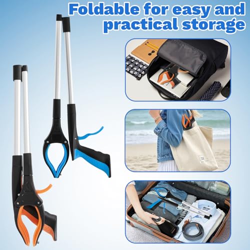 HBSFBH 2 Stück Greifzange für Senioren mit Magnet, Faltbare Greifer für Senioren, Faltbare Greifzange mit Magnet, Aluminium Müllzange, 360° Drehbar Müllzange Greifzange, Greifer für Senioren