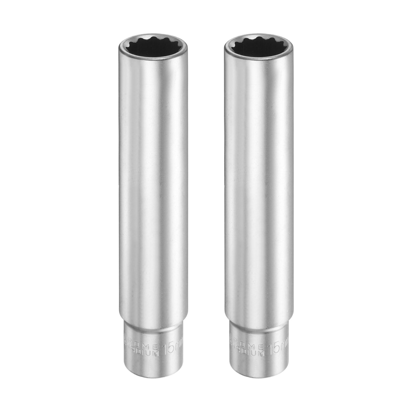 sourcing map 2pcs 12 Points Deep Socket 3/8" Drive 15mm Deep Metric CR-V Steel Polished Nickel Plating Flip Sleeve 120mm / 4.7" Extra Long Socket Tool for Home Auto Nuts Bolts Repair