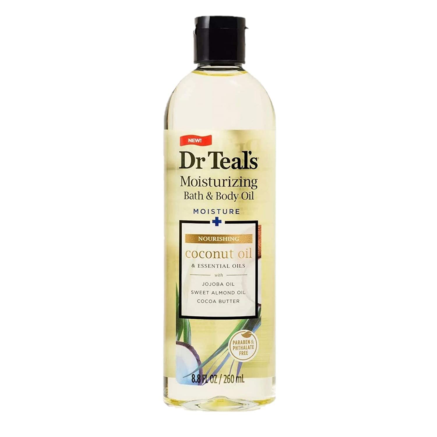Dr Teal's Coconut Bath & Body Oil (1 Bottle, 8.8oz) - Nourishing Coconut Essential Oils Blended with Sweet Almond Oil & Cocoa Butter - Paraben & Phthalate Free - Use in Bath or on Skin