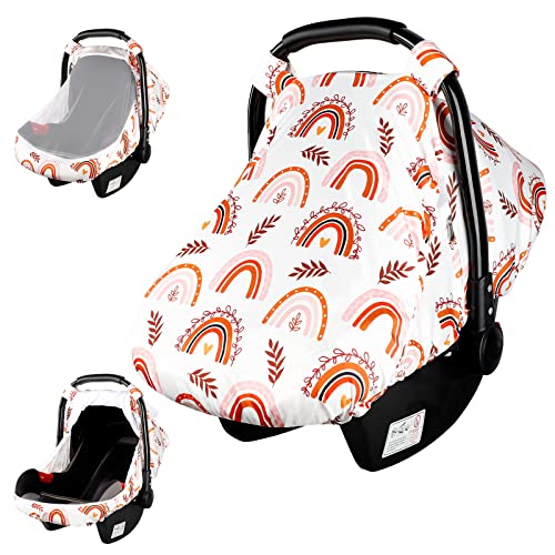 Image of Rainbow Infant Carseat Canopy with Peep Windows and Breathable Mesh, Kick-Proof, Soft Stretchy Baby Car Seat Cover for Newborns