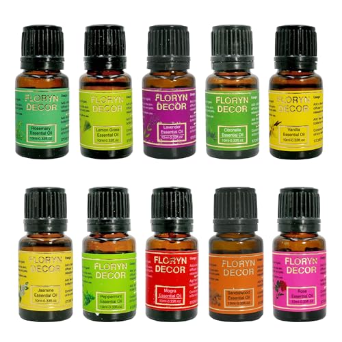 Image of Floryn Decor Pure Essential Oils Set | Aroma Oils for Home Fragrance | Essential Oil Diffuser for Home, 10 ml (Multiple Fragrances, Pack of 10)