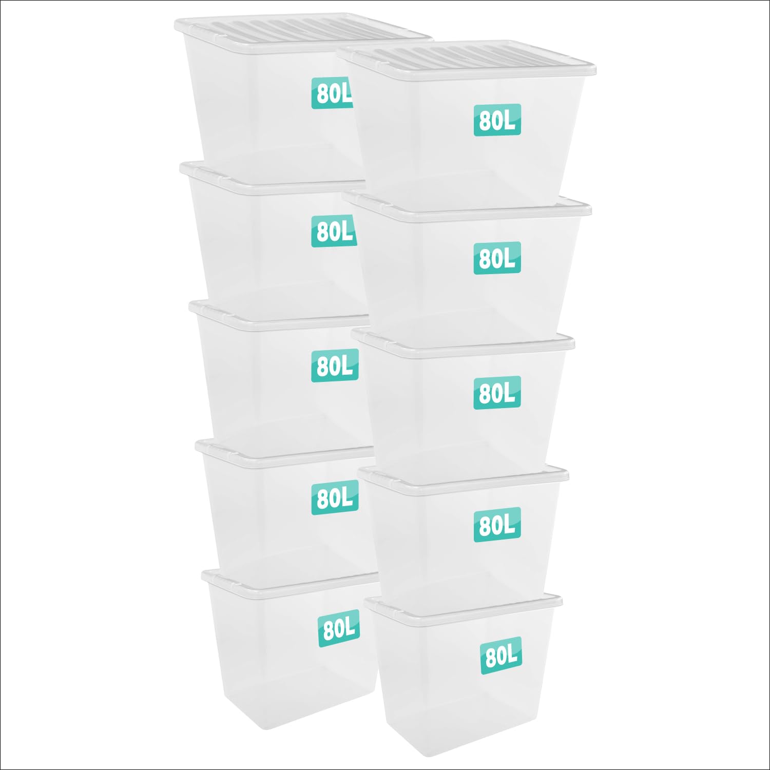 Optimal Products 10 x 80 Litre Clear Plastic Storage Box With Lids UK BRITISH MADE Home Office Stackable Nestable Transparent Plastic Boxes, Size 5,11,24,28,35,45,62 Litre