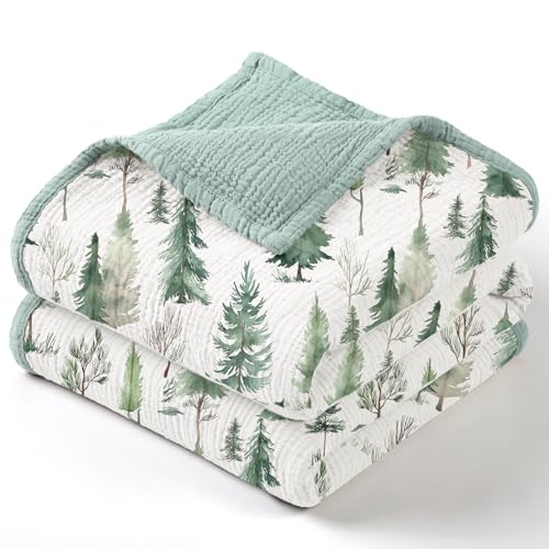 Image of lulumoon Muslin Baby Blanket Neutral: Lightweight Cotton for Toddler - Ideal for Christmas & Registry Gift 47" x47(Pine Forest)