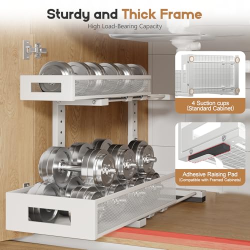Image of 2 Pack 17IN Depth Under Sink Storage Organizer, Large 2-Tier Elegant Mesh Pull Out Shelf for Kitchen and Bathroom Cabinet Organization, L-Shaped and Adjustable Height Design-White
