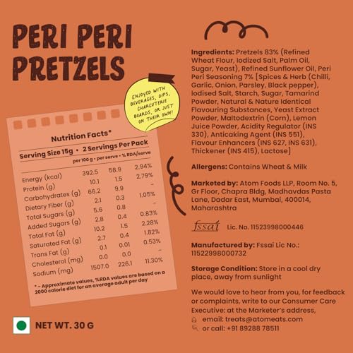 Image of Atom Eats Spicy Pretzels : Peri Peri 30g | Light & Crunchy Snacks, Perfect for Travel, Parties, Movies - Chatpata Flavor, Ideal for Namkeen Lovers - Snack Pouch | Imported Quality