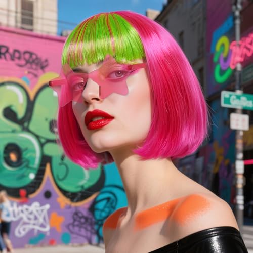 Image of ANOGOL Hair Cap + (Sunglasses) Rainbow Wig Yellow Green Pink Bob Wig with Bangs Womens Party Wigs with Star-Shaped Glasses Short Neon Wig Daily Party Fun Wigs Women Halloween Costume Bachelorette Hair
