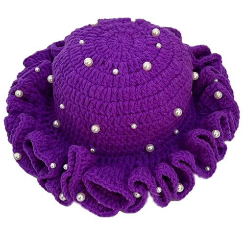 Hshsclth Women Starry Pearl Crochet Hat Handmade Beaded Trim Knitted Bucket Hats Solid Color Fashion Ruffled Brim Bucket Hat (US Alpha One Size Purple)