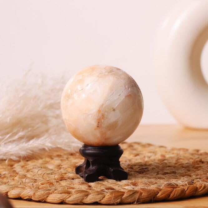 Image of Natural Stilibite Crystal Ball 150-200 Gm with Wooden Stand | Polished Healing Crystal Sphere for Reiki, Meditation, Feng Shui, Vastu Decor & Crystal Collection